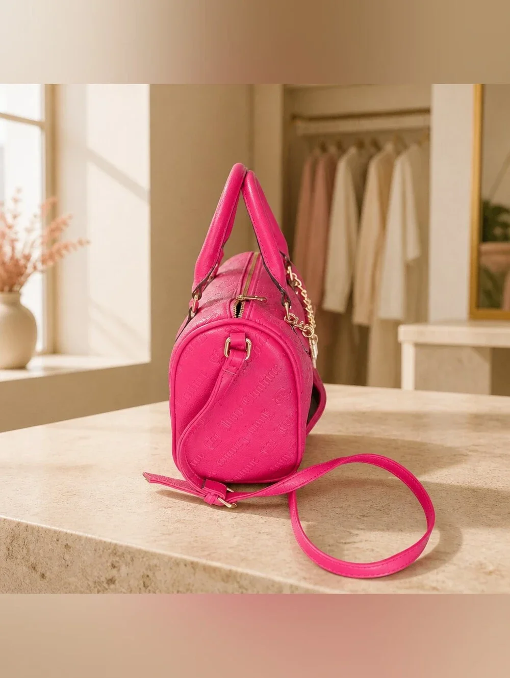 Juicy Couture Hot Pink Satchel Bag & Wallet Set with Charm Chain